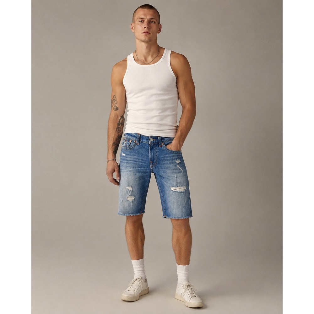 True Religion Men’s Blue Distressed Denim Jean Shorts